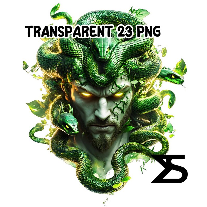 May include: A digital illustration of a man with snakes for hair, in shades of green and white. The man has glowing yellow eyes and a beard. The text "TRANSPARENT 23 PNG" is at the top. A stylized "ZS" logo is at the bottom.