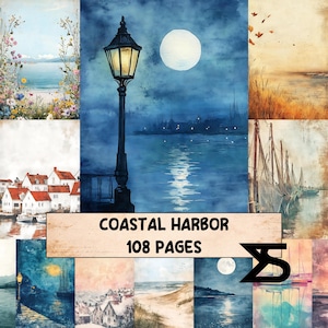 May include: A collection of watercolor art prints featuring coastal scenes. The central image shows a lamppost, a full moon, and a harbor at night. The text "COASTAL HARBOR 108 PAGES" is displayed.