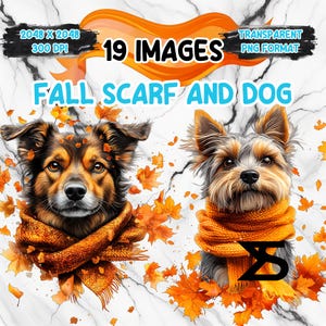 Könnte beinhalten: Digitale Illustration von zwei Hunden mit orangefarbenen Schals und Herbstblättern. Der Text "FALL SCARF AND DOG" ist zu sehen, zusammen mit den Angaben "19 IMAGES, TRANSPARENT PNG FORMAT" und den Bildmaßen: 2048 x 2048 Pixel.