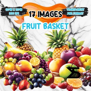 Imagen PNG de cesta de frutas en acuarela sobre fondo transparente, para uso comercial, descarga digital instantánea.