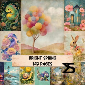 Könnte beinhalten: Eine Collage von Aquarellillustrationen mit Frühlingsmotiven. Die Bilder zeigen einen Drachen, einen Baum mit bunten Ballons, ein Haus, ein Kaninchen, einen Leuchtturm und Schnecken. Der Text "BRIGHT SPRING 147 PAGES" ist auf einem Banner zu sehen.