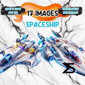 Puede incluir: Dos naves espaciales blancas con detalles azules y amarillos. Las naves espaciales están volando en un fondo de mármol blanco. El texto "17 IMÁGENES" y "SPACESHIP" están en la parte superior de la imagen.