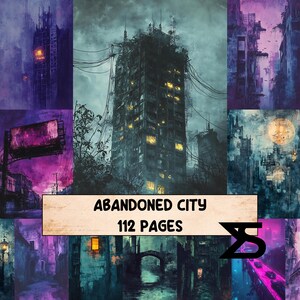 May include: Digital art collage featuring an abandoned city theme. The central image is a tall, decaying building with lit windows. Surrounding images depict other city scenes in shades of purple, blue, and gray. Text on a banner reads "ABANDONED CITY 112 PAGES".