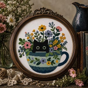 Peut inclure: Une broderie au point de croix circulaire représentant un chat noir sortant d'une tasse à thé à motifs bleu sarcelle et blanc, remplie d'un arrangement coloré de fleurs jaunes, roses et bleues, dans un cadre en bois orné brun foncé.