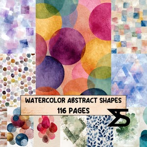 Könnte beinhalten: Eine digitale Kunstsammlung mit abstrakten Aquarellformen in verschiedenen Farben und Mustern. Das Bild zeigt eine Vielzahl von Designs, darunter Kreise, Quadrate und organische Formen, mit insgesamt 116 Seiten. Die Farbpalette umfasst Farbtöne von Lila, Orange und Blau.