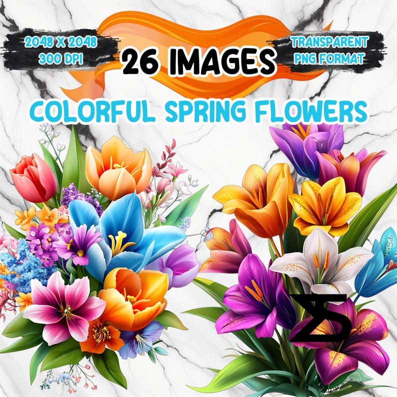 May include: A digital illustration of 26 colourful spring flowers in a bouquet. The flowers are in shades of pink, purple, blue, yellow, and orange. The image is in PNG format.