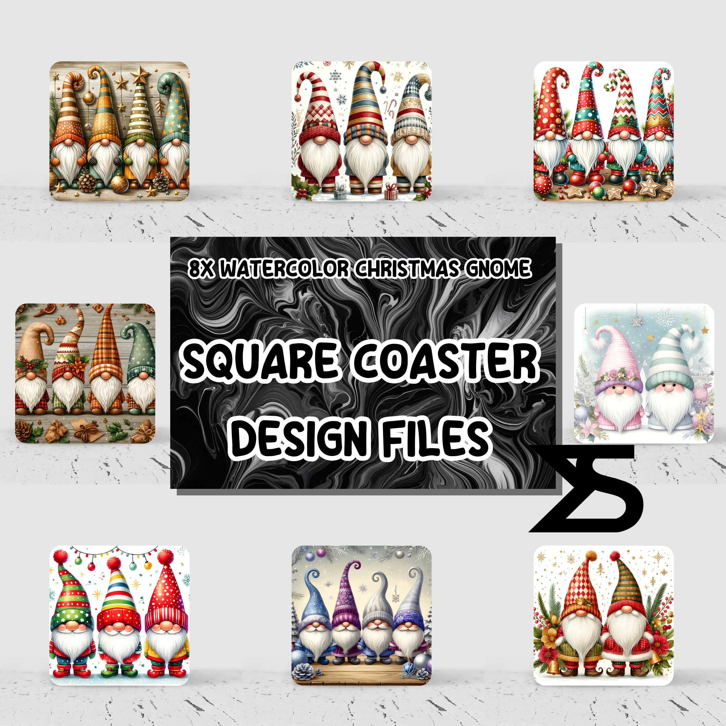 Akwarela Boże Narodzenie Gnom kwadratowy podkładka sublimacja projekt zestaw 8, natychmiastowe pobranie cyfrowe, użycie komercyjne, PNG pobranie