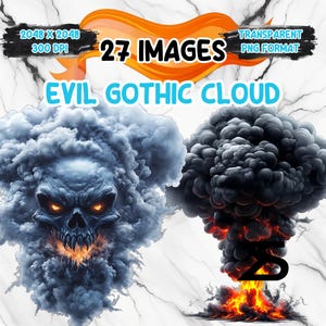 May include: 27 images of a gothic cloud with a skull and flames. The cloud is dark gray and blue with a skull face in the center. The skull has glowing orange eyes and a fiery mouth. The second image is a dark gray and black cloud with flames at the bottom.