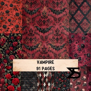 May include: A collage of patterned digital papers with a gothic theme. Designs include red roses, black bats, damask patterns, and skulls. The text "VAMPIRE 91 PAGES" is displayed on a wooden banner.