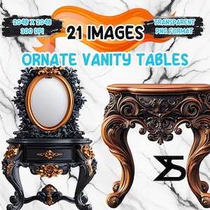 Puede incluir: Imagen que presenta dos tocadores ornamentados. Uno es negro con detalles dorados, un espejo ovalado y detalles florales. El otro es marrón con intrincadas tallas. El texto dice "21 IMAGES" y "ORNATE VANITY TABLES".