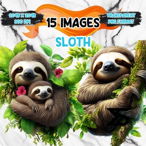 Puede incluir: Una ilustración digital de dos perezosos, uno sosteniendo un perezoso más pequeño. Los perezosos son marrones y tienen caras sonrientes. Están rodeados de hojas verdes y flores. La imagen está etiquetada como "15 IMÁGENES" y "FORMATO PNG TRANSPARENTE".