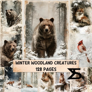 May include: A collection of winter woodland creature illustrations featuring bears, foxes, a cardinal, and squirrels in snowy forest settings. The central text reads WINTER WOODLAND CREATURES 128 PAGES, accompanied by a black geometric logo on a light background.