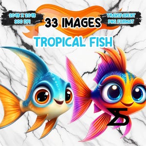 Dibujos animados de acuarela lindos peces tropicales, paquete de imágenes prediseñadas de peces tropicales, uso comercial, descarga digital, descarga instantánea