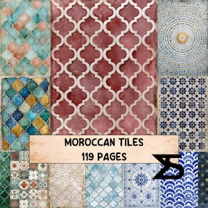 Könnte beinhalten: Eine digitale Sammlung von 119 Seiten mit marokkanischen Fliesen in verschiedenen Mustern und Farben, darunter Rot, Blau, Grün und Gold. Der zentrale Text lautet MOROCCAN TILES 119 PAGES, begleitet von einem schwarzen geometrischen Logo.