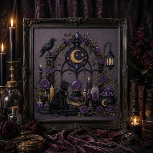 May include: A framed cross-stitch embroidery featuring a black cat sitting before a crystal ball, surrounded by purple roses, a crescent moon, a raven, and candles. The design is set against a dark grey fabric background within an ornate black frame.