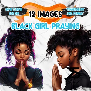 12 Watercolor Black girl praying, girl praying Clipart bundle, commercial use, digital download, instant download