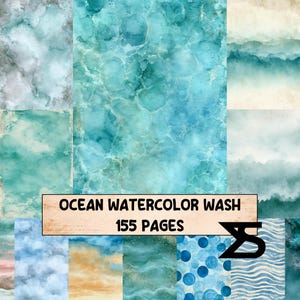 May include: A collection of 155 pages featuring various ocean watercolor wash patterns in shades of blue, teal, and beige. The designs include marbled textures, soft gradients, and circular motifs with the text OCEAN WATERCOLOR WASH 155 PAGES.