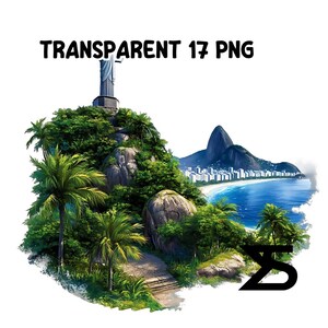 May include: A digital illustration of a tropical island with a statue on a hilltop overlooking a beach with a city in the background. The island is surrounded by blue water and palm trees.