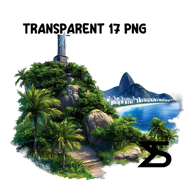 May include: A digital illustration of a tropical island with a statue on a hilltop overlooking a beach with a city in the background. The island is surrounded by blue water and palm trees.
