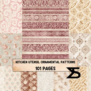 Könnte beinhalten: Eine digitale Sammlung von 101 Seiten mit ornamentalen Mustern für Küchenutensilien. Das Bild zeigt eine Collage verschiedener Designs, darunter Akanthusblätter, Teekannen, Nudelhölzer und Rührschüsseln in gedeckten Rosa-, Braun- und Cremetönen, mit dem Text KITCHEN UTENSIL ORNAMENTAL PATTERNS 101 PAGES auf einem zentralen Banner.