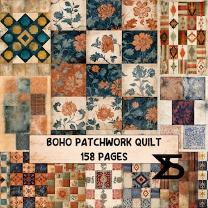 Könnte beinhalten: Eine digitale Sammlung von Patchwork-Quilt-Mustern mit verschiedenen quadratischen Blöcken mit Blumen-, geometrischen und Ikat-Designs in Blau-, Orange- und Cremetönen. Der Text BOHO PATCHWORK QUILT 158 PAGES ist auf hellem Grund zentriert.