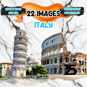 Può includere: Un'illustrazione digitale della Torre Pendente di Pisa e del Colosseo a Roma, Italia. L'immagine è su uno sfondo di marmo con il testo "22 IMMAGINI ITALIA" e "FORMATO PNG TRASPARENTE" negli angoli superiori.