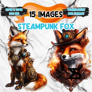 Könnte beinhalten: Digitales Kunstwerk mit zwei Steampunk-Füchsen. Ein Fuchs sitzt, geschmückt mit Zahnrädern und einem blauen Edelstein. Der andere Fuchs trägt einen Hut und eine Jacke mit ähnlichem Design. Der Text enthält: "15 IMAGES", "STEAMPUNK FOX" und "TRANSPARENT PNG FORMAT".