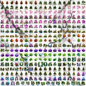 May include: A collection of watercolour illustrations featuring various natural elements. The image includes detailed depictions of pine cones, trees, flowers, houses, leaves, pumpkins, and landscapes, all arranged on a marble-like background.