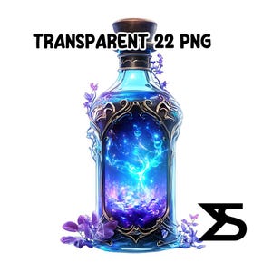 May include: A blue glass bottle with a dark wooden stopper and ornate gold-colored filigree. The bottle contains a glowing blue and purple ethereal design. The words "TRANSPARENT 22 PNG" are at the top.
