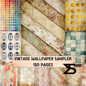 May include: A vintage wallpaper sampler featuring diverse designs, such as floral patterns, geometric shapes, and colour swatches. The text "VINTAGE WALLPAPER SAMPLER" and "120 PAGES" are displayed on a banner.