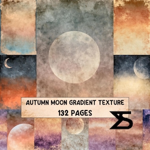 Puede incluir: Una colección de papeles digitales con varias fases lunares y texturas degradadas en tonos naranja, azul, morado y gris. La imagen incluye el texto AUTUMN MOON GRADIENT TEXTURE 132 PAGES y un logotipo geométrico negro en la esquina.