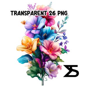 May include: A bouquet of colourful flowers, including pink, blue, yellow, and purple, with green leaves. The flowers are arranged in a loose, natural style. The image is labelled "TRANSPARENT 26 PNG".