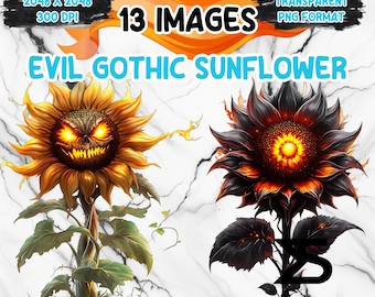Watercolor Evil Gothic Sunflower PNG Image on transparent background, digital Sticker/Scrappbooking, commercial use,