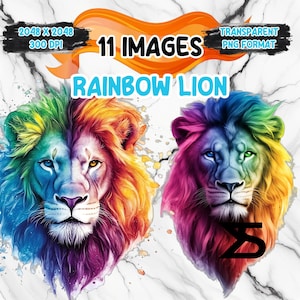 Imagem PNG de leão arco-íris em aquarela em fundo transparente, adesivo digital/álbum de recortes, uso comercial, download digital instantâneo