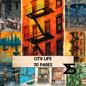 Könnte beinhalten: Eine Collage aus städtischen Illustrationen mit Gebäuden mit Feuertreppen, Segelbooten auf dem Wasser, Nachtmärkten und Straßenszenen. Der zentrale Text lautet CITY LIFE 70 PAGES, ergänzt durch ein schwarzes geometrisches Logo rechts.