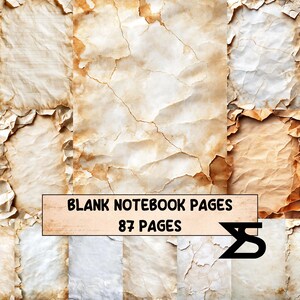 Può includere: Un collage di pagine di carta invecchiata e strutturata con bordi strappati. Le pagine hanno un aspetto vintage e antico, con toni marroni e beige. Il testo sull'immagine recita "BLANK NOTEBOOK PAGES 87 PAGES".