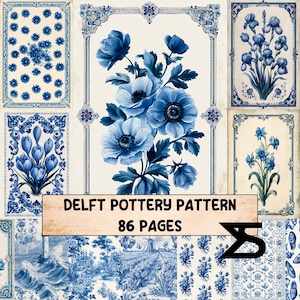 Può includere: Una collezione di carte digitali con motivi floreali e paesaggistici blu e bianchi nello stile della ceramica di Delft. Il testo centrale recita DELFT POTTERY PATTERN 86 PAGES. Le immagini includono vari fiori, un mulino a vento e onde.