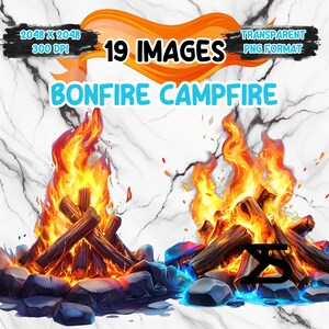 Könnte beinhalten: 19 Bilder eines Lagerfeuers mit Flammen und Holzscheiten. Die Flammen sind orange, gelb und rot. Die Holzscheite sind braun und schwarz. Der Hintergrund ist weiß.