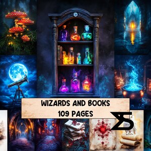 Könnte beinhalten: Digitale Kunstcollage mit einem dunklen Holzschrank voller bunter Zaubertränke und Bücher. Das Bild enthält einen Vollmond, ein Teleskop und den Text "Wizards and Books 109 Pages".
