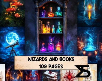 May include: A digital art collage featuring a dark wooden cabinet filled with colorful potion bottles and books. The image includes a full moon, a telescope, and the text "Wizards and Books 109 Pages".