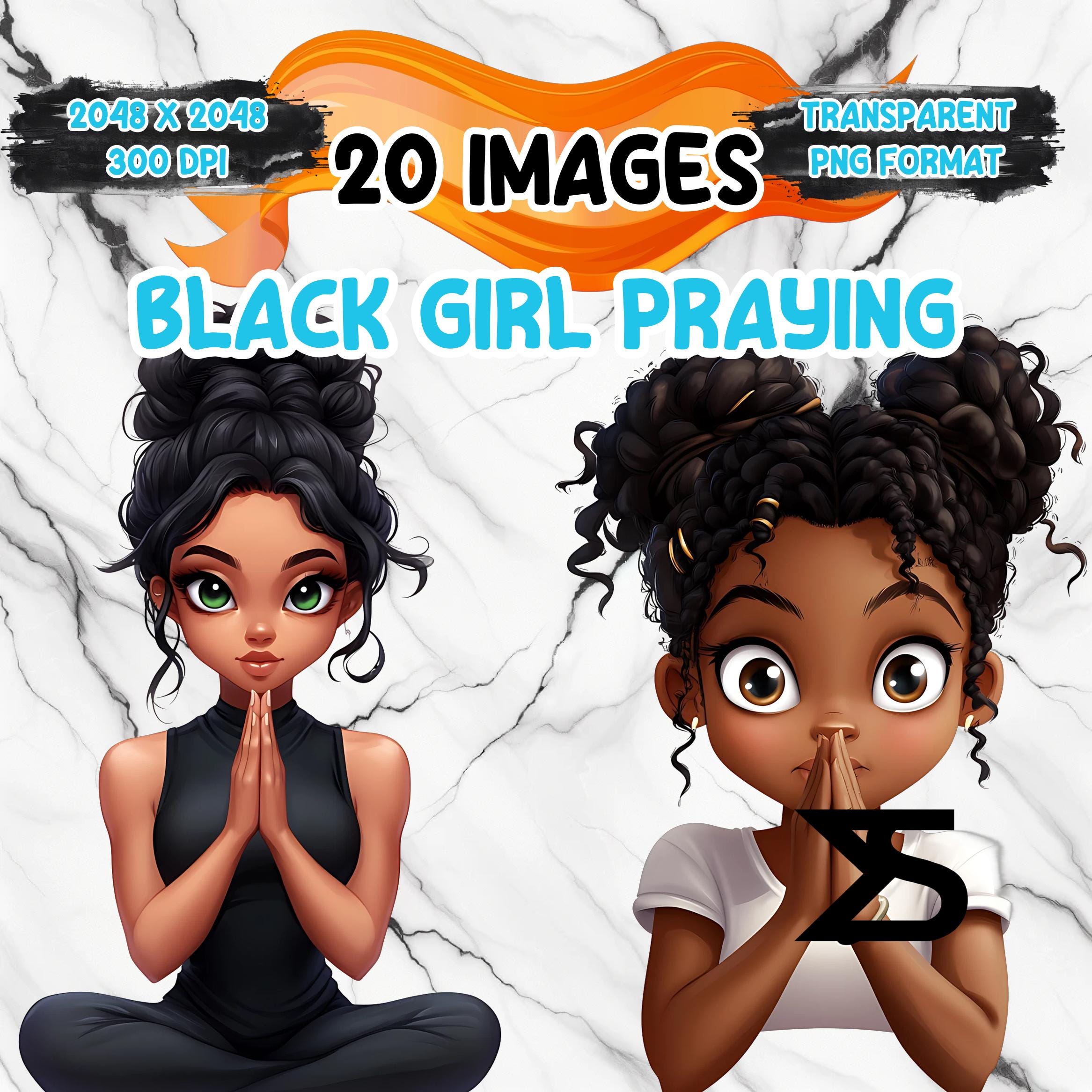 20 Watercolor Black girl praying, girl praying Clipart bundle, commercial use, digital download, instant download