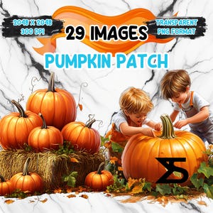 Könnte beinhalten: Eine Illustration mit einer Kürbisfeld-Szene mit mehreren orangefarbenen Kürbissen unterschiedlicher Größe. Zwei Kinder interagieren mit einem großen Kürbis. Der Text "29 Images" und "Pumpkin Patch" ist enthalten.