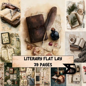 Könnte beinhalten: Eine Sammlung digitaler Bilder mit einem literarischen Flat-Lay-Thema mit 79 Seiten. Die Darstellungen umfassen ledergebundene Tagebücher, Federkiele, Tintenfässer, alte Bücher, getrocknete Blumen, botanische Illustrationen und Kaffeetassen in verschiedenen Anordnungen.