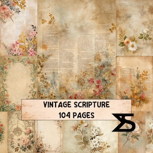 Könnte beinhalten: Eine Collage von Papierbögen im Vintage-Stil mit floralen und Schriftmustern. Der Text "VINTAGE SCRIPTURE 104 PAGES" wird auf einem rechteckigen Banner angezeigt. Die Papiere weisen verblasste Farben und botanische Illustrationen auf.