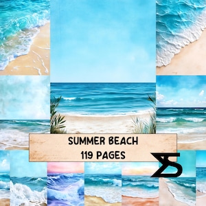 May include: A collage of beach scenes with turquoise water, white sand, and blue skies. The text "SUMMER BEACH 119 PAGES" is displayed on a tan banner. The images evoke a sense of summer and the ocean.