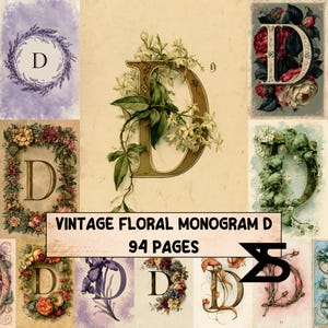 Könnte beinhalten: Eine Sammlung von 94 Seiten mit dem Buchstaben D in verschiedenen floralen Designs. Jede Seite zeigt ein einzigartiges Monogramm D, umgeben von verschiedenen Blumen, Blättern und Ranken in unterschiedlichen Farbpaletten, darunter Violett-, Gold- und Rottöne.