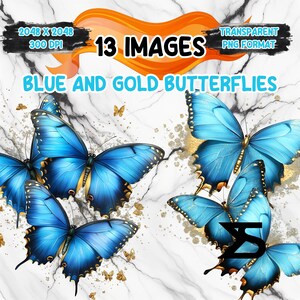 Borboletas azuis e douradas aquarela PNG Imagem, pacote de clipart de borboletas, uso comercial, download digital, download instantâneo