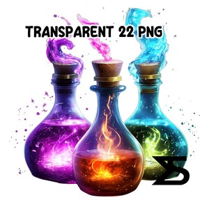 May include: Three glass potion bottles with cork stoppers, each filled with a different colored liquid and emanating colorful energy. The bottles are labeled "TRANSPARENT 22 PNG". The liquids are purple, orange, and blue.
