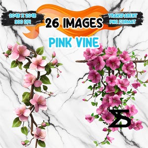 May include: 26 images of pink vine flowers with green leaves, in a transparent PNG format. The flowers are pink and white, and the leaves are green. The images are 2048 x 2048 pixels and 300 DPI.