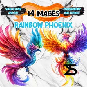 May include: Digital art featuring two vibrant rainbow phoenix illustrations. The image includes text that reads "14 IMAGES" and "RAINBOW PHOENIX". The background is a marble texture, and the overall design is colorful and eye-catching.